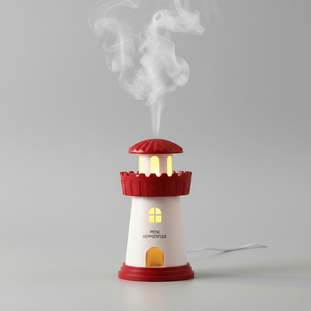 Lighthouse-shaped humidifier with steam rising against a sunset background