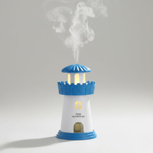 Lighthouse-shaped humidifier on a sandy beach with ocean view