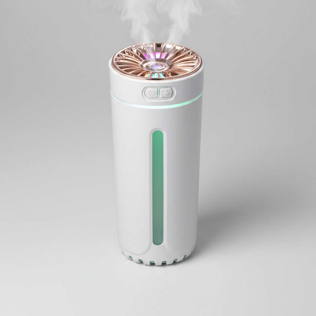 Portable air purifier with rose gold top and white body on a white background