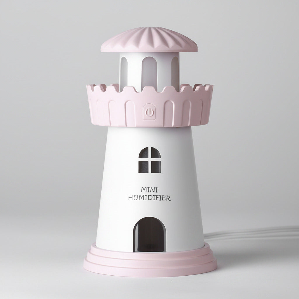Pink and white mini humidifier shaped like a lighthouse on a white background