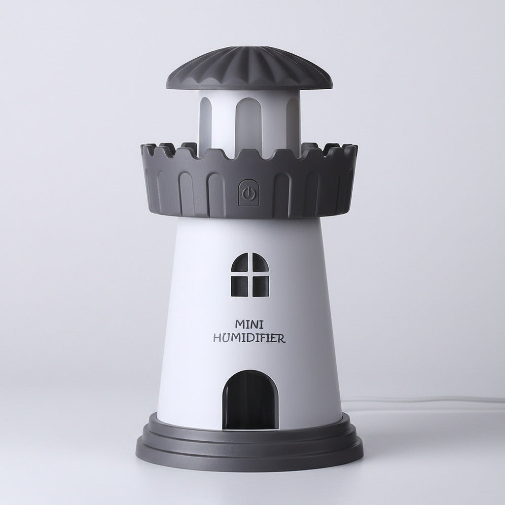 Lighthouse-shaped mini humidifier on a white background