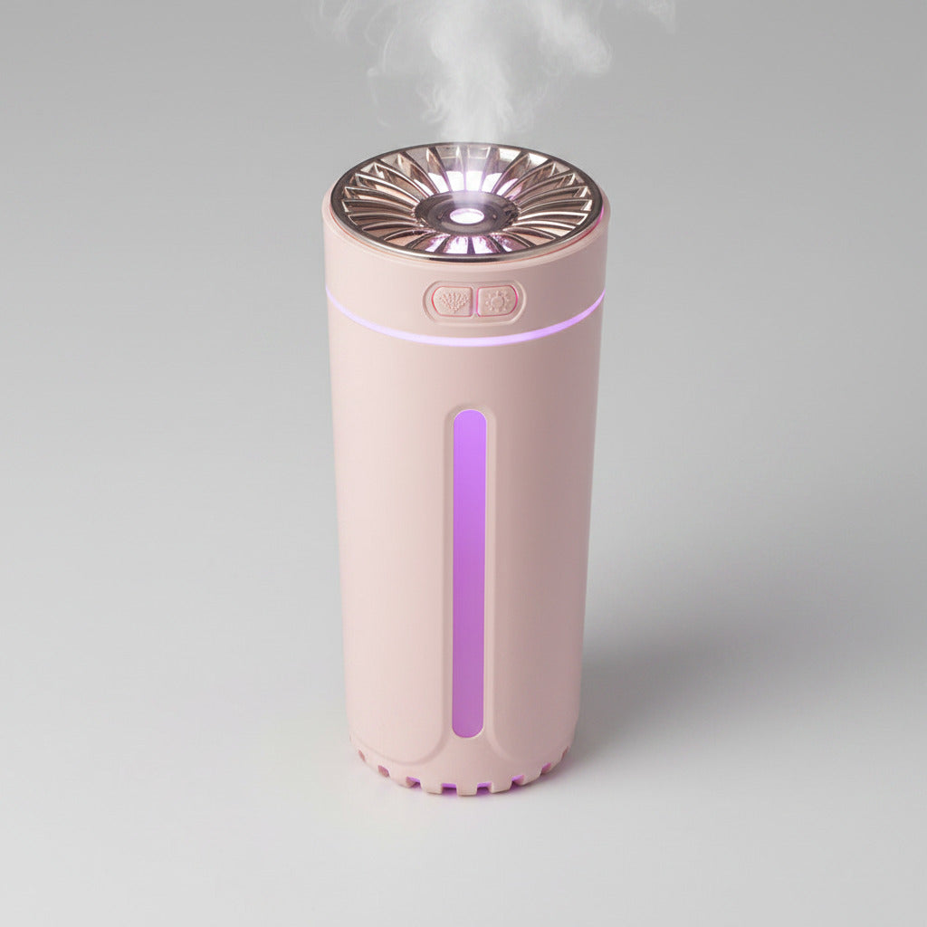 Portable air purifier with a pink base and silver top on a white background