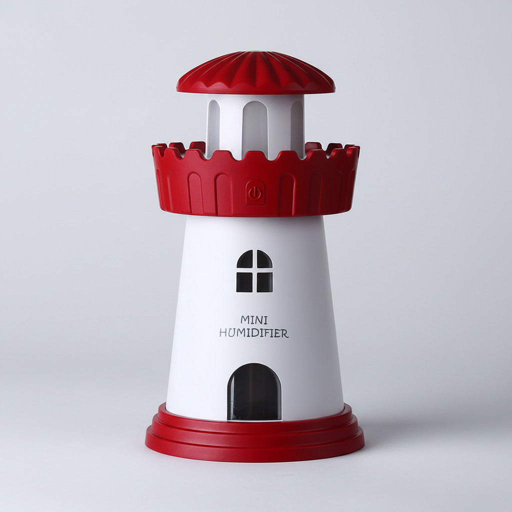 Mini humidifier designed like a lighthouse with red and white colors on a white background
