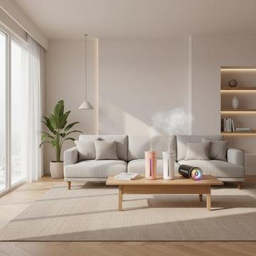 Three small humidifiers on a wooden surface with a gray background